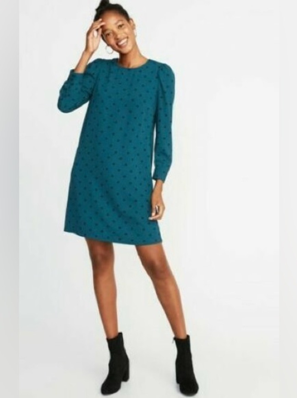 Old Navy Puff Shoulder Shift Dress Teal Blue Black Polka Dot Long Sleeve Mod XS